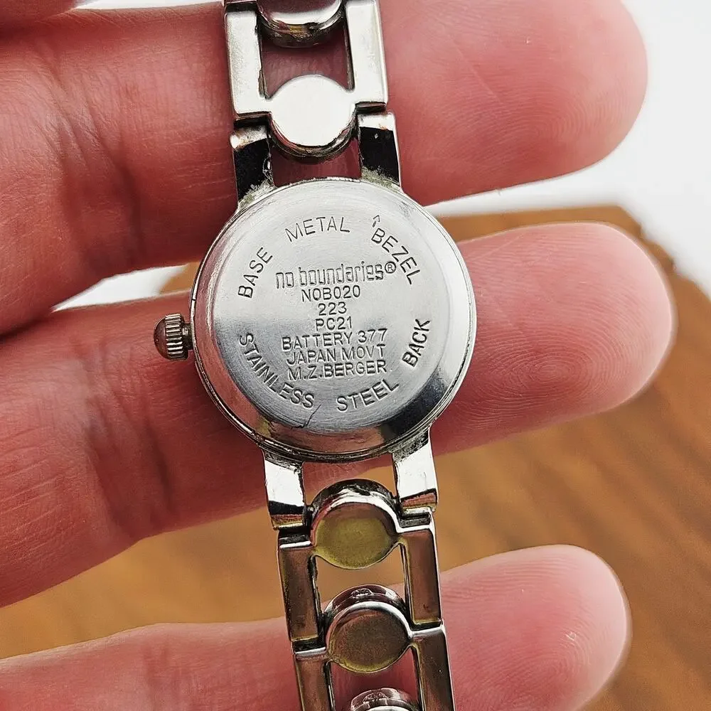 No Boundaries Women's Silver Tone Dressy Bracelet Watch Black Accent Link Band